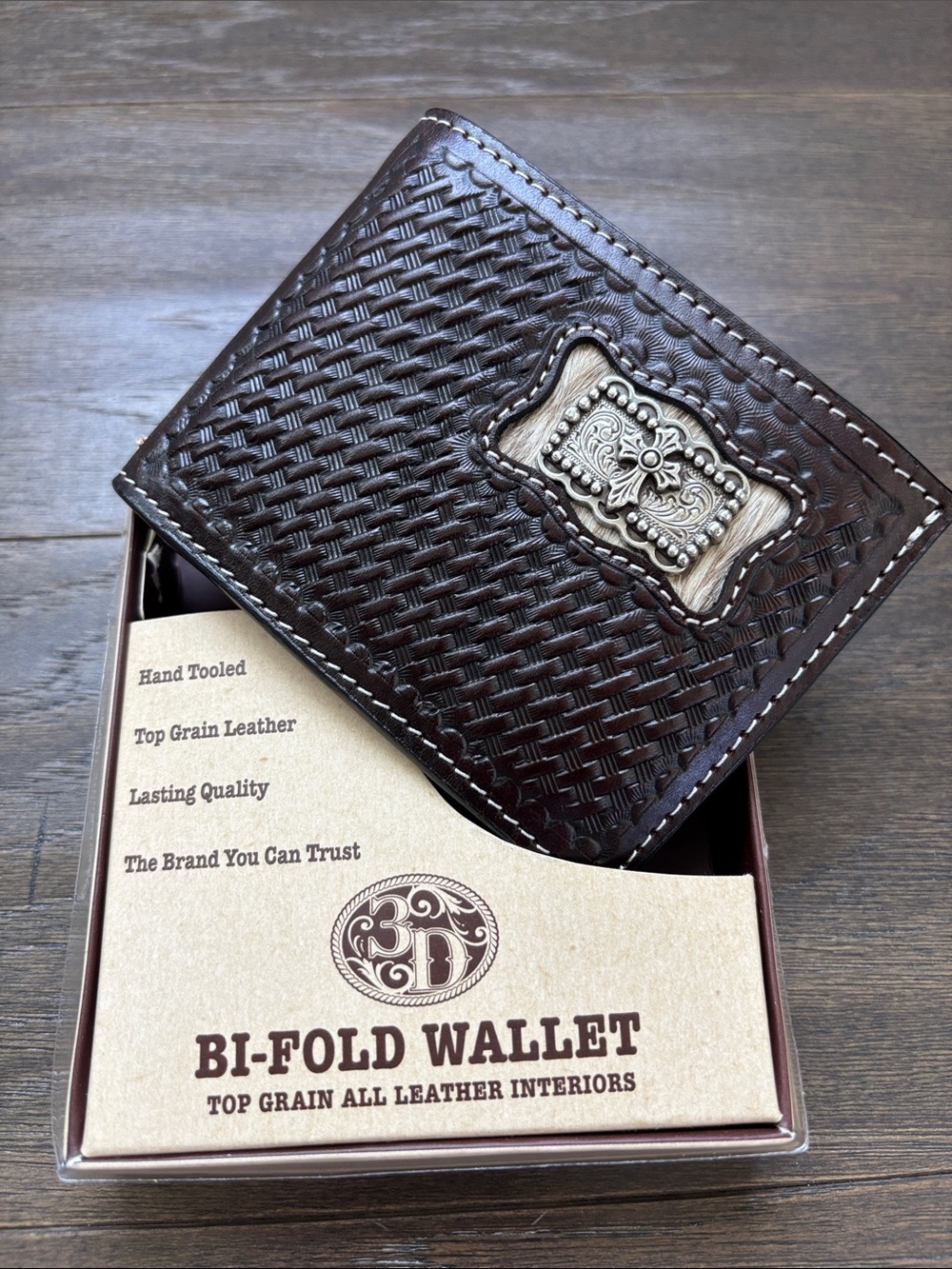 3D Belt Co. Top Grain tooled leather, 
metal cross on hair hide,bi-fold,Western